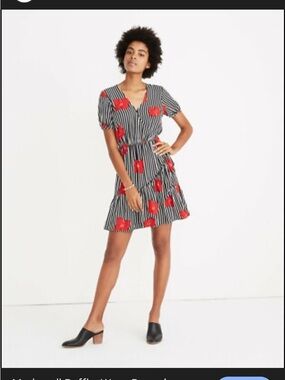 Madewell Black & White Striped Dress with Red Floral Print